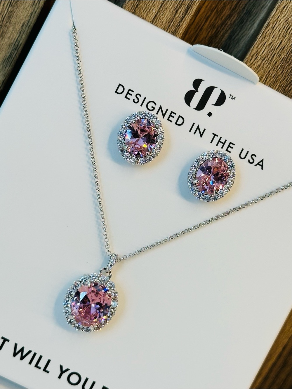 Bomb Party Gem Society Exclusive 2424 Necklace & Earring Set, Rose Quartz CZ